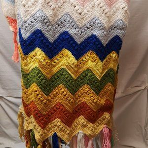 Vintage Handmade Crocheted Afghan Blanket Chevron Pattern Multi-Colored